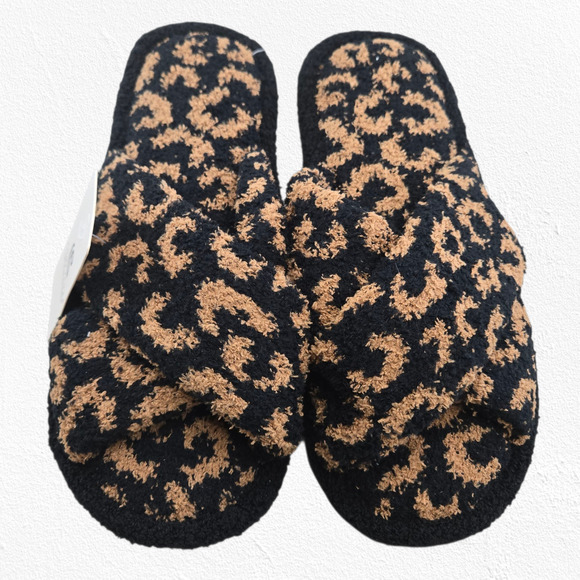ComfyLuxe Black Leopard Print Cozy Fuzzy Slippers M/L (8–10) Plush Crossband NWT - Picture 1 of 9